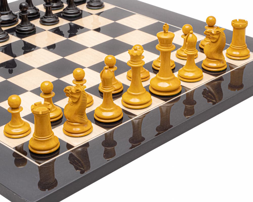 Harrwitz Black and Anegre Staunton Chess Set with carved boxwood chessmen on glossy black and maple board, 1.9-inch squares, and 3.5-inch king.