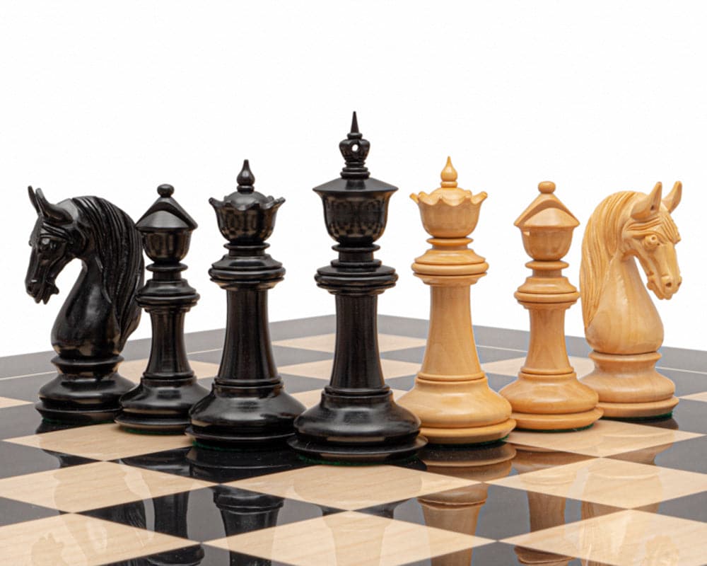 The Blackburne Ebony and Black Anegre Chess Set with handcrafted chess pieces and luxury 23.6 inch board with 2.36 inch squares.