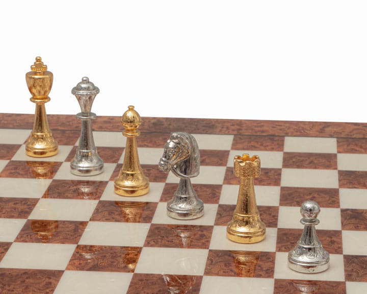 High-end Messina Gold and Silver Plated Italian Chessmen on briarwood and elm chessboard with 1.55 inch squares, 3 inch king.