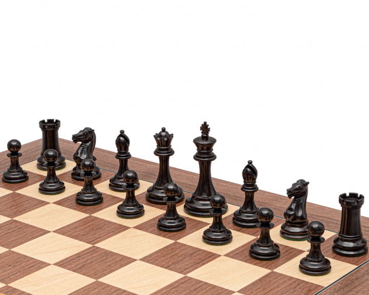 The Rochester Ebony and Walnut Grand Chess Set on a 23.6 inch Spanish board showing classic Staunton pieces and 4 inch king