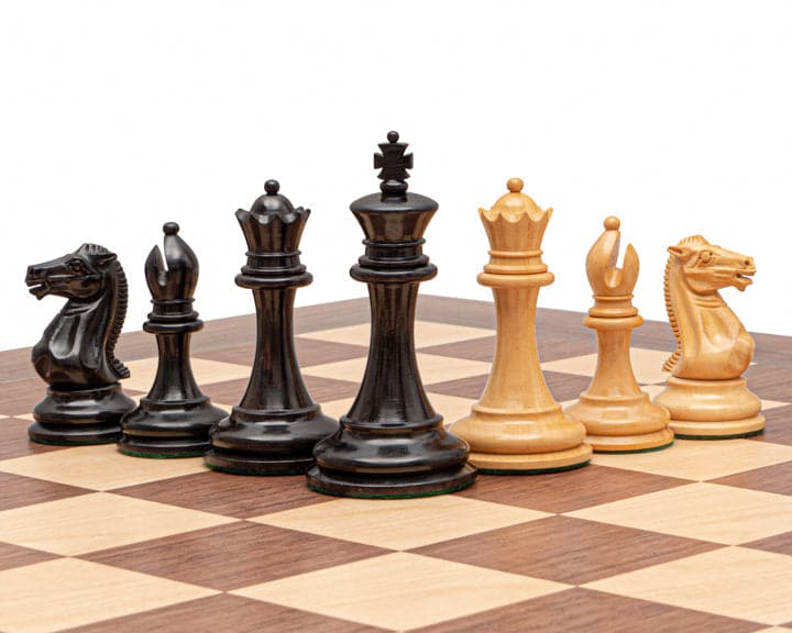 The Rochester Ebony and Walnut Grand Chess Set - Classic Staunton design, 4 inch king, weighted, with two additional queens on a 23.6 inch board