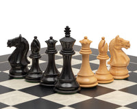 Black and maple chess pieces on black and maple chess board with 4 inch king from The Fierce Knight Black and Maple Chess Set
