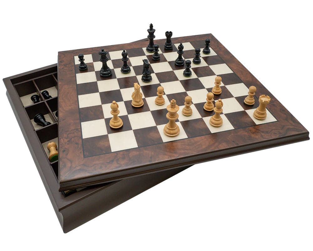 The Kingsclere Ebony and Walnut Luxury Chess Set on display, crafted in Greece with high-quality Walnut and Maple veneers, 20-inch board.