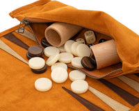 Manopoulos Reise-Backgammon-Set aus Wildleder zum Aufrollen - Zimt