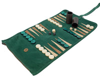 Manopoulos Wildleder-Roll-Up Reise-Backgammon-Set – Grün