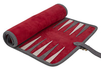 Manopoulos Wildleder-Roll-Up Reise-Backgammon-Set – Bordeaux