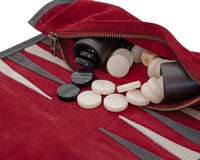 Manopoulos Wildleder-Roll-Up Reise-Backgammon-Set – Bordeaux
