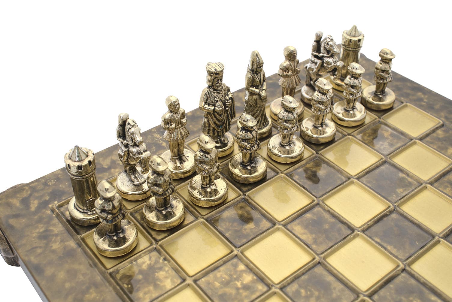 Byzantine Empire themed chess set with detailed metallic chess pieces on a wooden board, part of the Manopoulos collection.