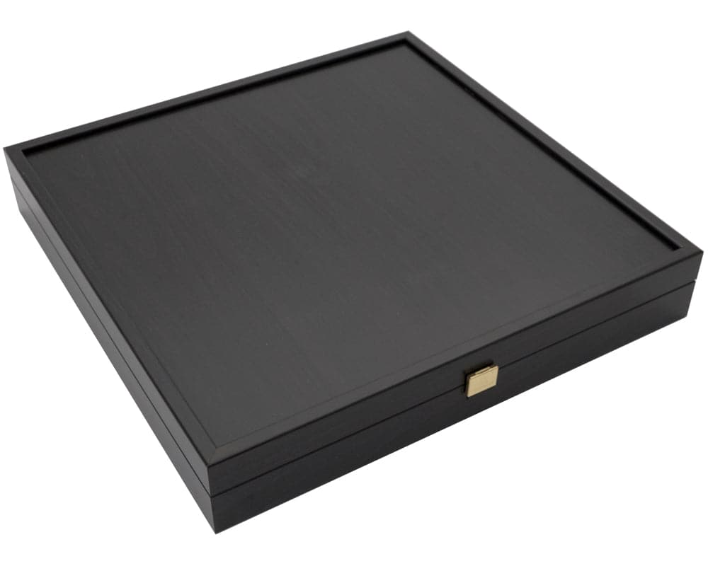 The Manopoulos Renaissance Chess Set wooden case in medium size, closed and displayed in black.