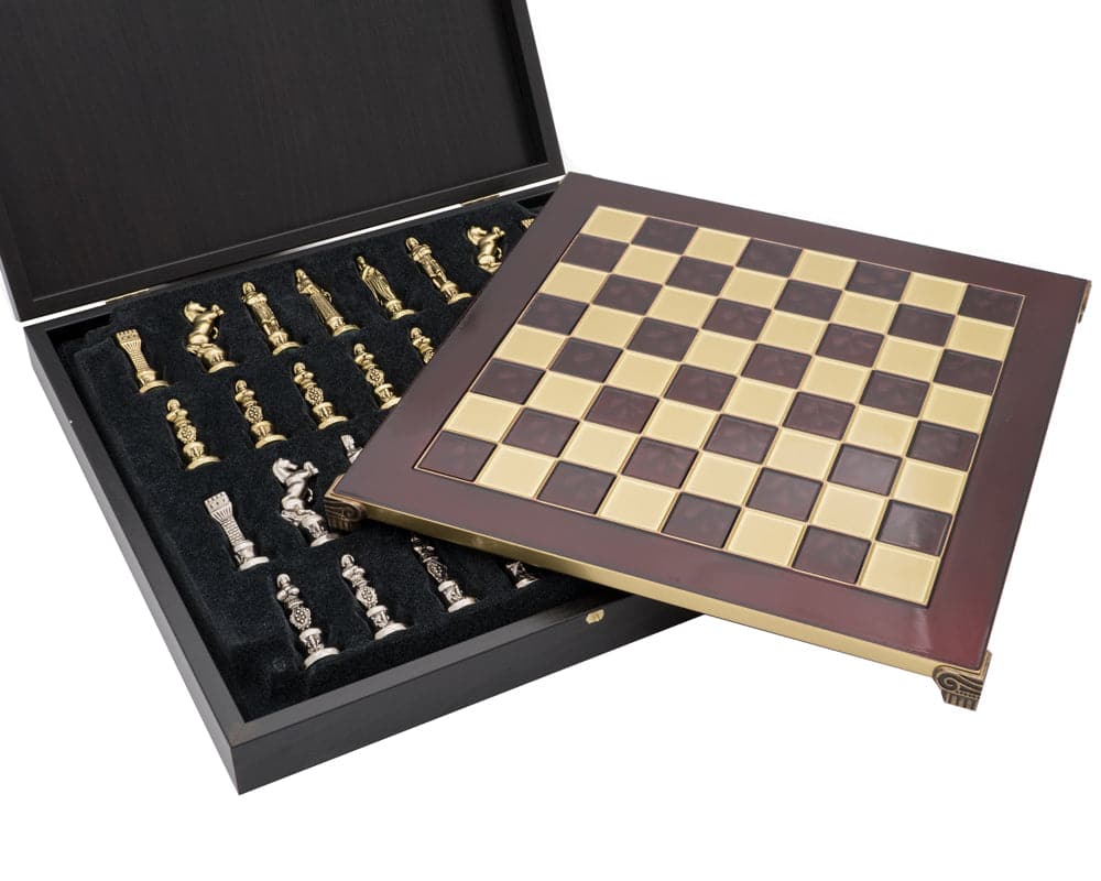 The Manopoulos Renaissance Chess Set with Wooden Case featuring intricately designed pieces and a classic checkered board.