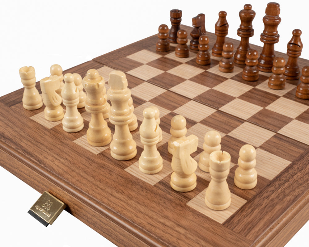 Amerikanischer Nussbaum Backgammon und Schach Kombinationsset - Reisegröße - mit Deluxe Philos Cups